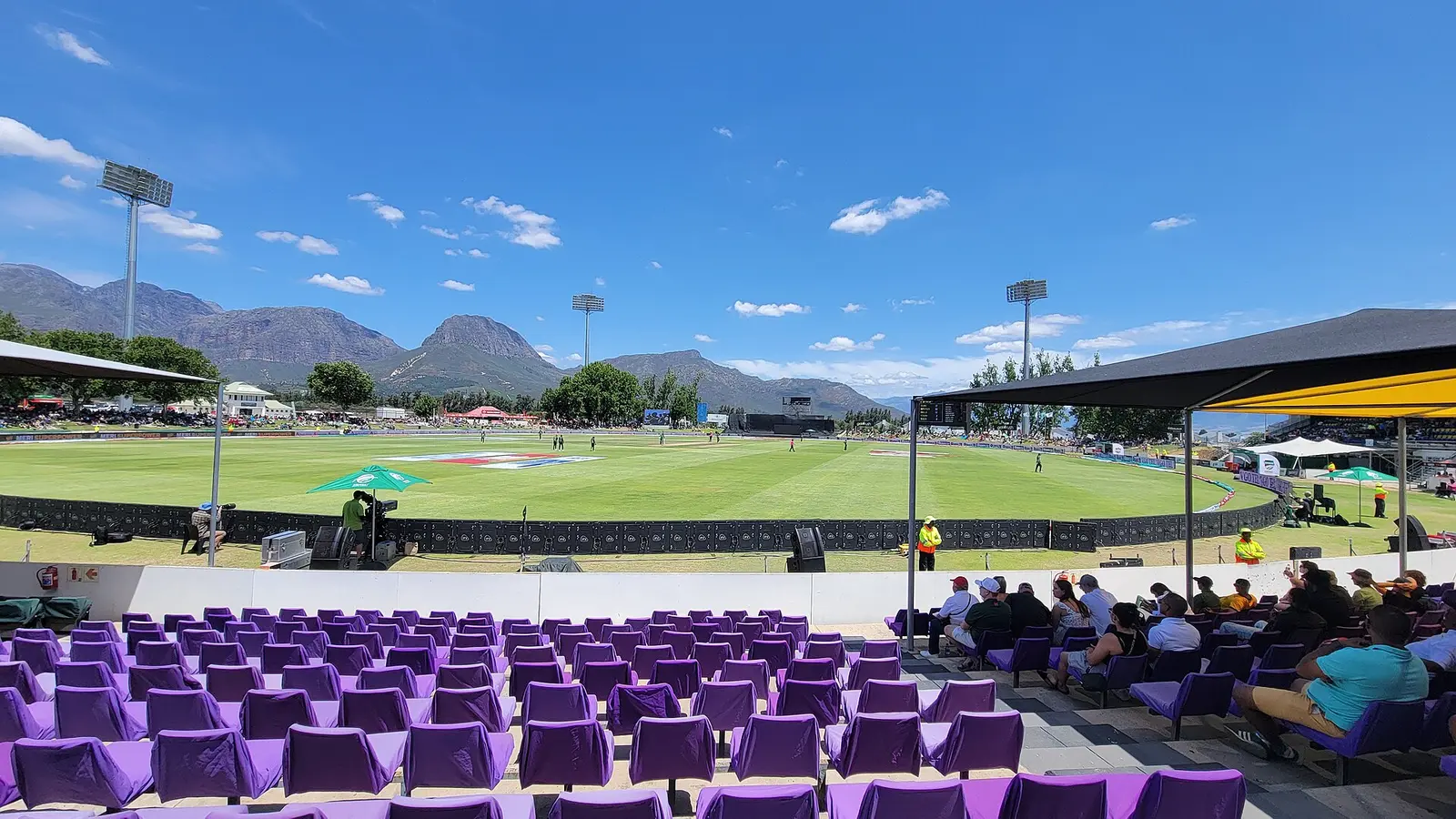 Boland Park cricket ground in Paarl with mountains behind during an ODI