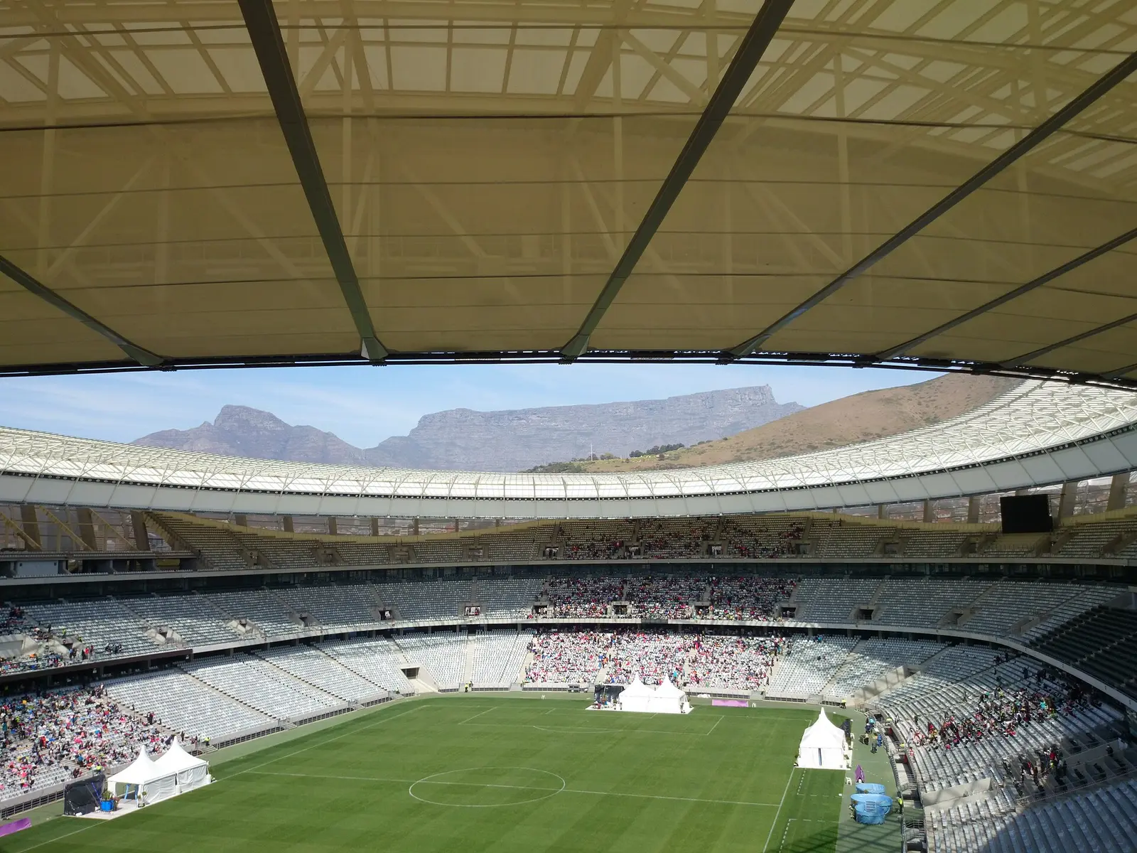 Inside Cape Town Stadium (DHL Stadium) with Table Mountain beyond the stands