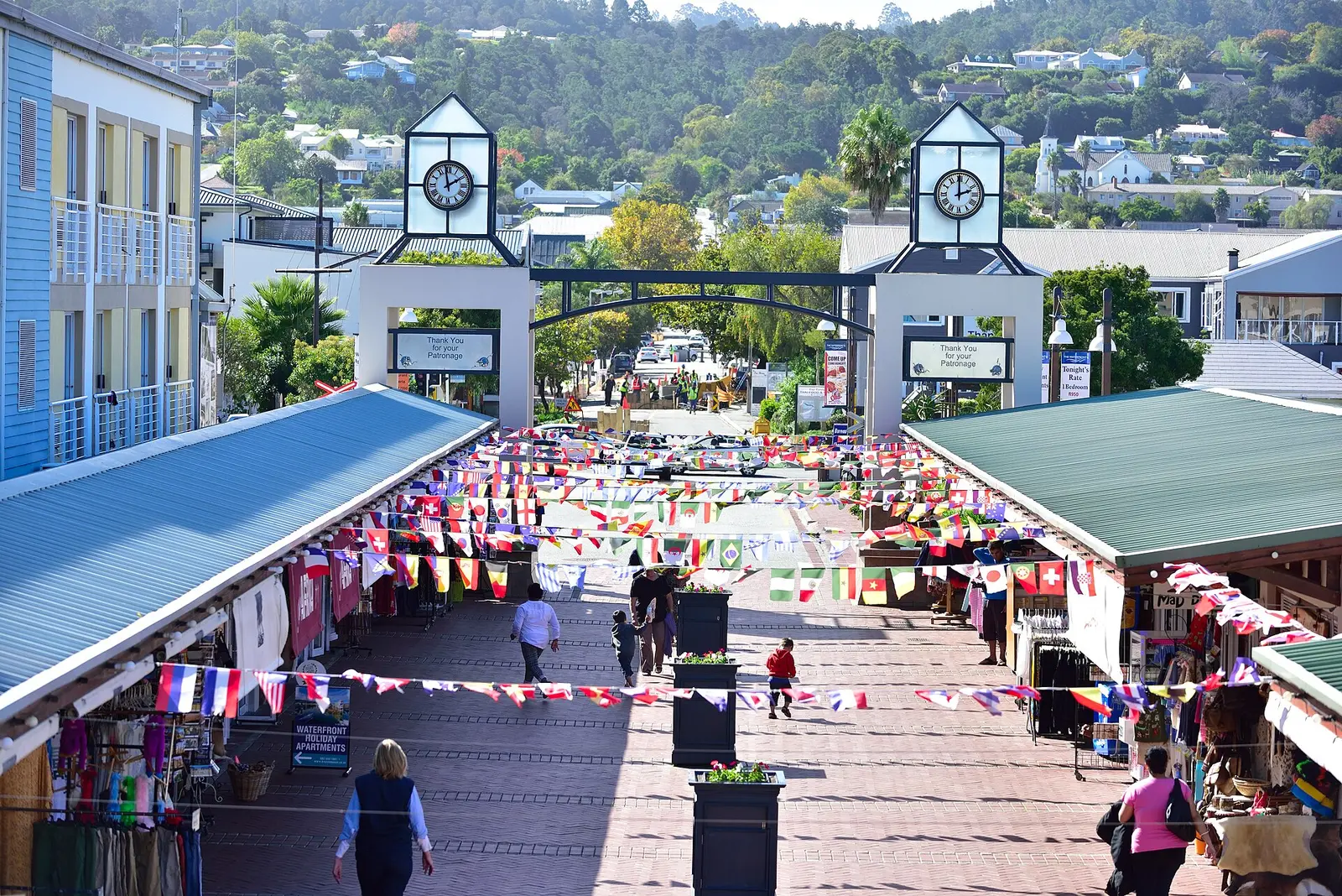 Market stalls and clock towers at the Knysna Waterfront