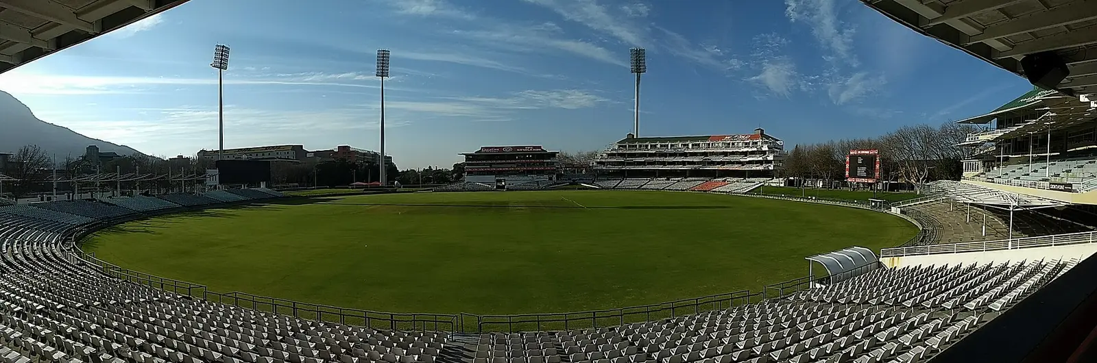 Panoramic view of the outfield and stands at Newlands Cricket Stadium, Cape Town