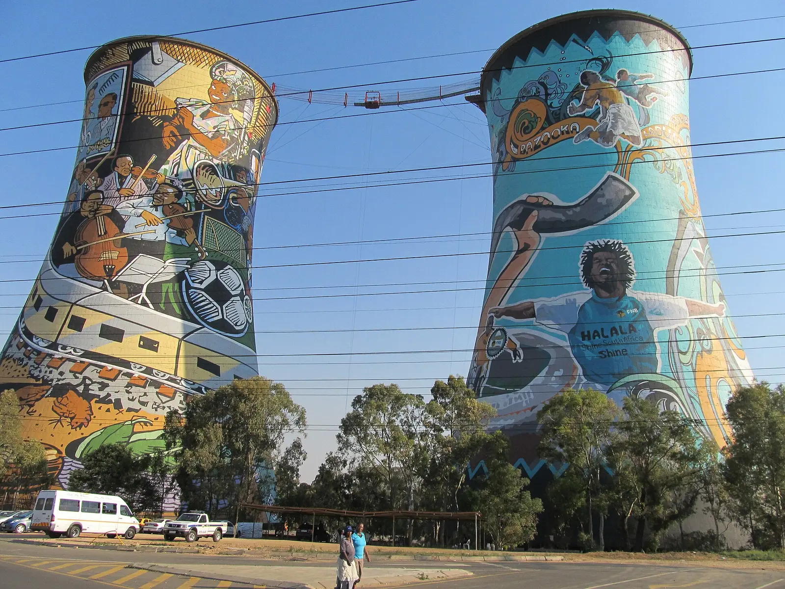 Painted Orlando Towers cooling towers in Soweto