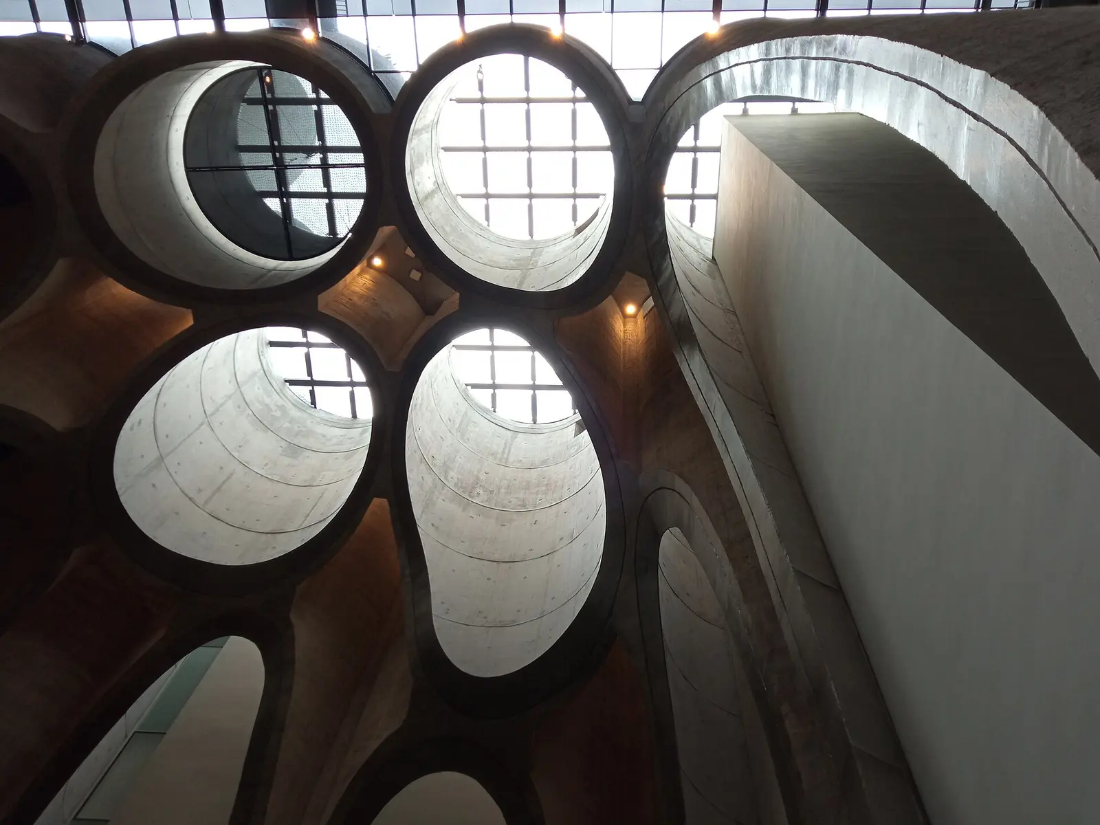 Cylindrical skylights carved into the concrete atrium inside Zeitz MOCAA
